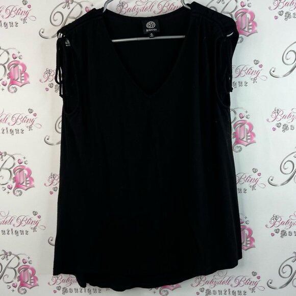 Bobeau tank top cinch tie ups shoulders ribbon luxe Black V-Neck Blouse - Picture 1 of 8